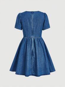 SHEIN MOD Damen Denim Kleid, süß mit Kurzarm, kurze Länge, Puffärmel, figurbetont, blau