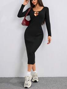 SHEIN Unity Vestido de Tricô Slim Casual de Manga Longa com Recorte Vazado de Cor Sólida, para Outono e Inverno - Preto - Visão 5