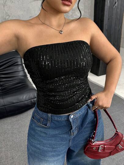 SHEIN EZwear Plus Size Women Sequin Pleated Tube Top
