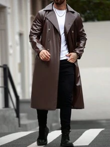 Manfinity Homme Men's Solid Color Rib Collar Long Sleeve PU Leather Casual Long Trench Coat, Autumn,Leather Winter Men Jacket - Brown - View 3