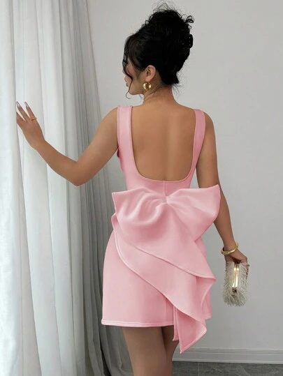 Elenzga Vestido sin mangas con gran lazo en la espalda y cuello barco, vestido de desliz elegante para mujeres