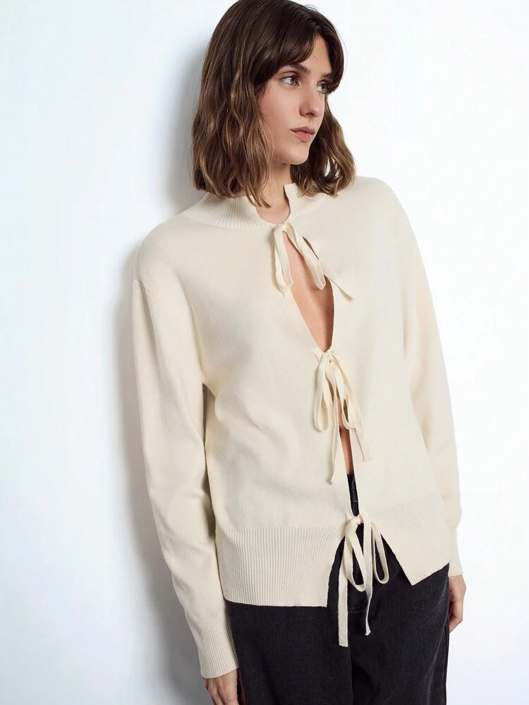 SHEIN Maija Women's Ivory Front Open Bowknot Tie Cardigan, Unique Design For Autumn & Winter, Comfortable, Soft, Reversible, Three Butterfly Decorations, Dropped Shoulder Long Sleeve, Small Stand Collar Knit Sweater