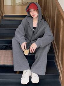 DAZY 2pcs/Set Women Solid Color Hooded Sweatshirt And Wide Leg Pants Set - Grey - View 1