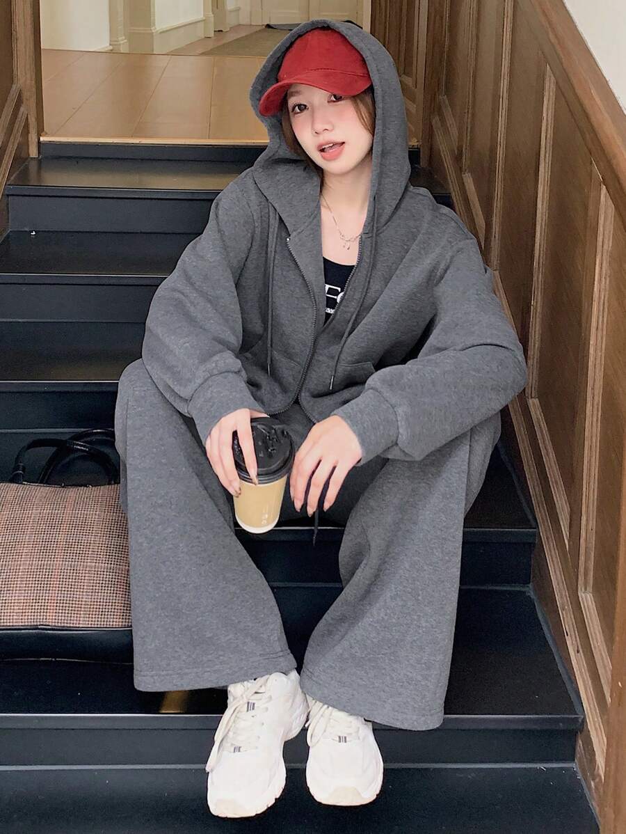 DAZY 2pcs/Set Women Solid Color Hooded Sweatshirt And Wide Leg Pants Set - Grey - View 1