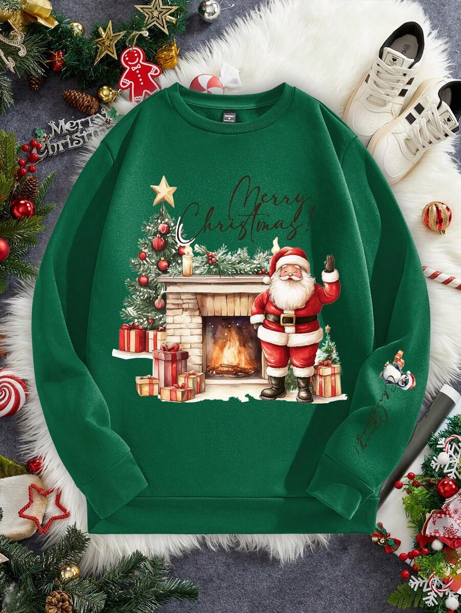 Manfinity Homme Olive Green Drop Shoulder Loose Fit Pullover Fleece Sweatshirt, For Christmas - Dark Green - View 1