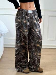 SHEIN EZwear Women's Branch Print Letter Embroidery Wide Leg Loose Sweatpants - Army Green - View 5