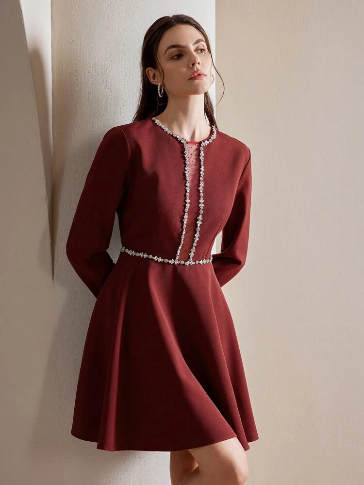 Women's Elegant Lace Patchwork Rhinestone Long Sleeve Party Dress, Autumn Burgundy Color Women Outfit
