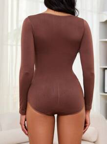 Women's Solid Color Crew Neck Bodysuit, Fitted Long Sleeve - Coffee Brown - View 2