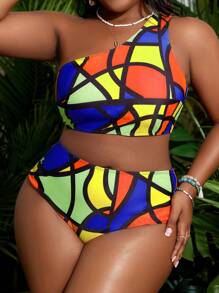 SHEIN Slayr CURVE Bộ đồ bơi bikini họa tiết hình học bất đối xứng cỡ lớn mùa hè - Nhiều màu - Xem 4