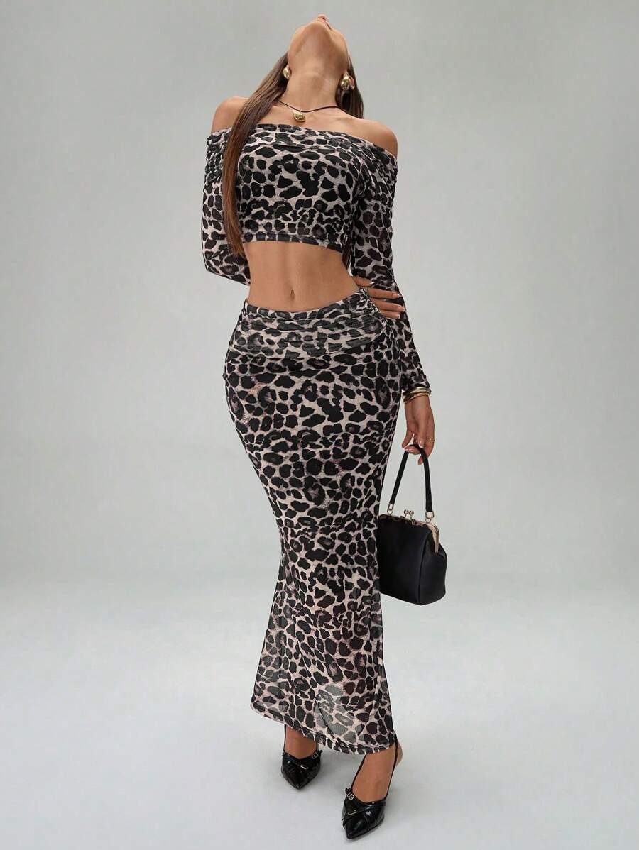 Chiquease Women's Chic Leopard Print Off Shoulder Top & Low Waist Fishtail Skirt - Multicolor - View 1