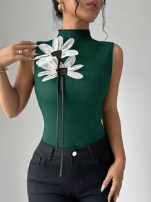 Elenzga 女士性感紧身无袖背心，带花卉网眼细节 - 墨綠色 - 查看 1