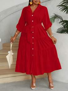 Maweii Vestido camisero de talla grande de color liso con botones al frente para otoño, ropa de Año Nuevo, conjunto maximalista para mujer - Rojo - Ver 4