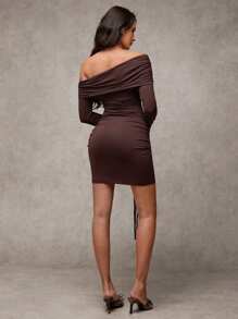 SHEIN BAE 女士露肩紧身吊带连衣裙，简约优雅休闲日常穿着 - 咖啡棕 - 查看 6