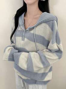 DAZY Áo len chui đầu có mũ trùm đầu họa tiết sọc màu tương phản rộng rãi cho nữ mùa thu - Màu xanh lam - Xem 2