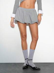 SHEIN Unity Váy siêu ngắn xếp ly lưng cao họa tiết kẻ caro xám thời trang nữ, mùa thu/đông - màu đen - Xem 1