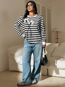 Calvaya Women Plus Size Round Neck Long Sleeve Striped 3D Floral Casual Elegant Sweatshirt, Autumn/Winter Pullover Fall - Black and White - View 5