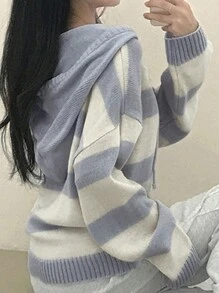 DAZY Áo len chui đầu có mũ trùm đầu họa tiết sọc màu tương phản rộng rãi cho nữ mùa thu - Màu xanh lam - Xem 8