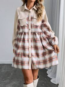 SHEIN LUNE Women's Long Sleeve Collared Pocket Pleated Waist Plaid Ruffle Trim Multi-Color Jacket