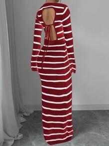 SHEIN ChicEase 女式条纹超长露背系带喇叭袖毛衣连衣裙 - 酒紅色 - 查看 2