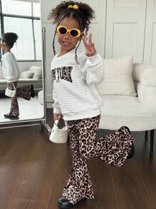Conjunto de 2 piezas para niña con estampado de leopardo: sudadera holgada con gráfico "NEW YORK" y pantalones de punto acampanados con estampado de leopardo, ideal para otoño e invierno, perfecto para uso casual, diario, escuela, universidad, fiestas, acolchado, abrigado - Multicolor - Ver 3