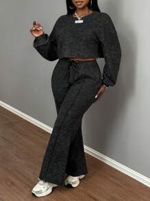Slaydiva 2pcs Women Streetwear Oversized Snowflake Print Sweatsuit,Fall/Winter - Grey - View 5