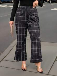 SHEIN LUNE 大码格子高腰喇叭裤，适合休闲通勤穿着，秋冬度假装 - 黑與白 - 查看 1