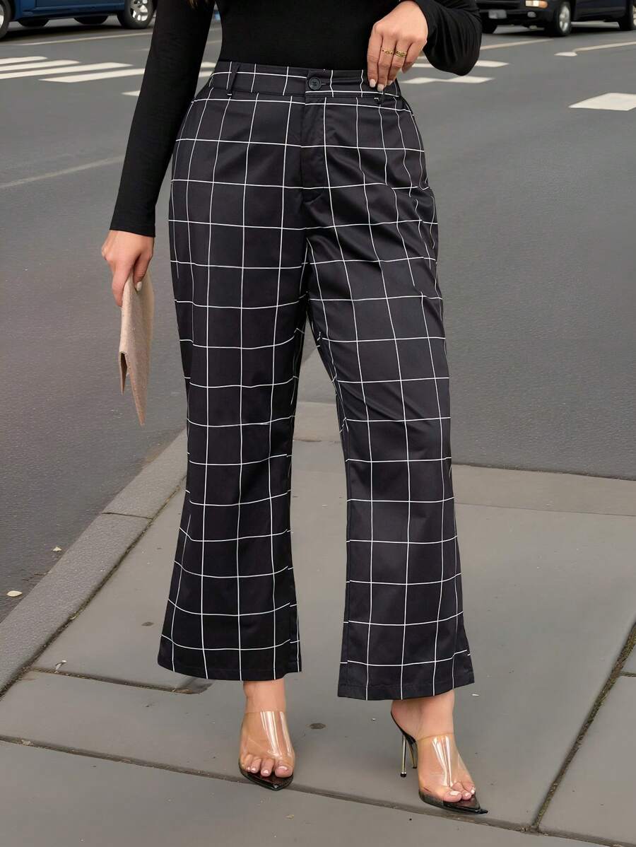 SHEIN LUNE 大码格子高腰喇叭裤，适合休闲通勤穿着，秋冬度假装 - 黑與白 - 查看 1