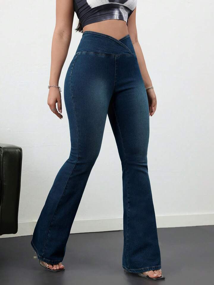 SHEIN Tall Women's Jeans Casual Skinny Stretch Flared Pants Cross Waist Blue High Waist Women's Jeans Denim Flared Pants
