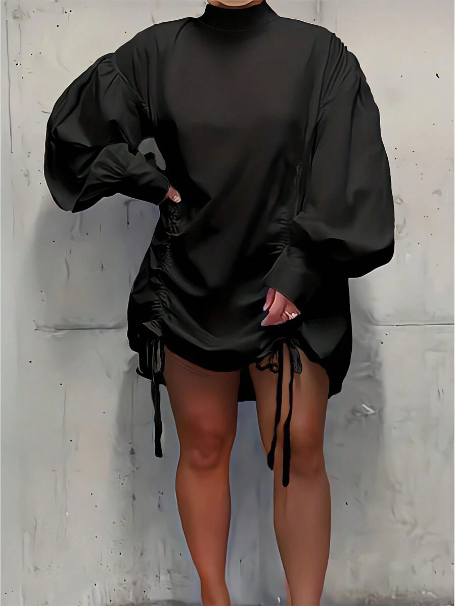 1543 Women European & American Style Stand Collar Loose Solid Color Lantern Sleeve Shirt Dress - 黑色 - 查看 1