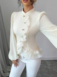 Elenzga Damen Bluse mit Knopfleiste, Rüschenkragen und Langarm, minimalistisch, für den Alltag