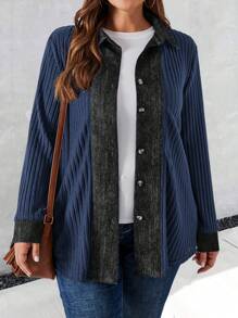 EMERY ROSE Plus Size Women's Fuzzy Black Spliced Shirt Collar Fall Jacket,Winter Clothes For Women - Blue - View 5