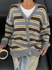 DAZY Loose Contrast Stripe V-Neck Cardigan For Women - Grey - View 6