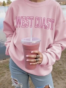 SHEIN EZwear 女士休闲圆领西海岸印花运动衫，秋冬款 - 粉色 - 查看 1