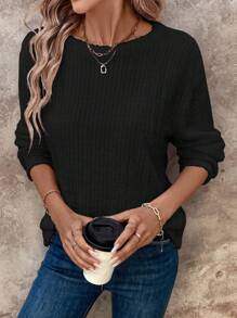 SHEIN LUNE 女士纯色领口罗纹针织休闲基本款 T 恤衬衫 - 黑色 - 查看 4