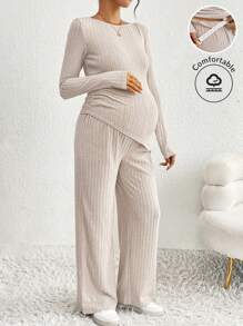 SHEIN 2pcs Pregnant Women Casual Set - Solid Color Round Neck Long Sleeve Asymmetric Hem T-Shirt And Adjustable Waist Pants, Autumn