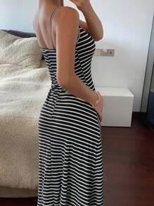 Livesso Women's Long Striped Print Backless Sleeveless Cami Dress Sundress Maxi Dress - Black - View 4