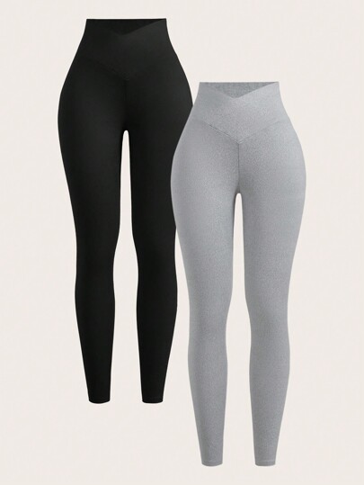 SHEIN EZwear 2pcs Women Yoga V-Neck Pants, High Waist Criss-Cross Fitness Sports Leggings