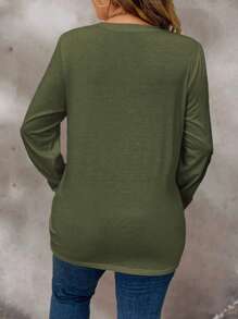 Camiseta Casual de Manga Longa com Gola Redonda e Plissada em Cor Sólida, Plus Size - Verde - Visão 2