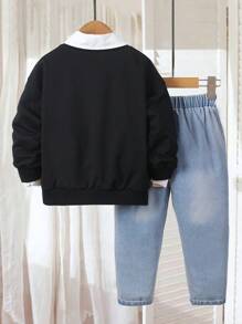 SHEIN 男童两件套：黑色针织圆领长袖连帽衫和仿口袋牛仔长裤，休闲简约设计，适合日常穿着、上学、旅行、度假、放松、夏季 - 黑色 - 查看 2