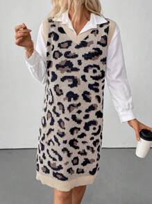 SHEIN Clasi Leopard Pattern Jacquard Sleeveless Knitted Casual Dress, Autumn/Winter