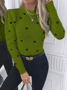 SHEIN Clasi Heart Print Mock Neck Casual Versatile Long Sleeve Pullover Sweater Knit Pullover Fall Winter - Multicolor - View 7