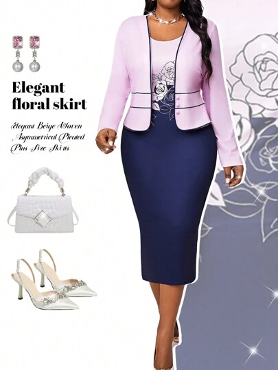 Fleurora Plus Size Women Spring/Autumn Long Sleeve Open Front Jacket And Floral Print Bodycon Midi Dress Elegant 2 Pieces Set