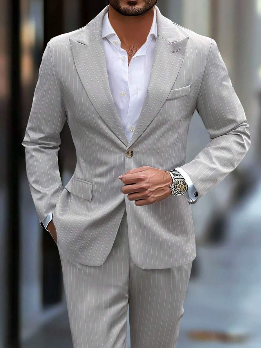 Manfinity Mode 2pcs Men Striped Lapel Neck Long Sleeve Jacket & Pleated Long Pants Casual Suit Set, For Autumn - Light Grey - View 1