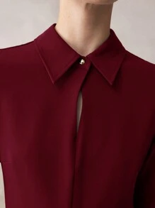 BizChic Váy đi làm thanh lịch màu trơn cho nữ, váy mùa thu cho nữ, cài nút phía trước - Màu Đỏ Sâu - Xem 6