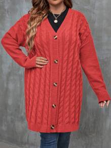 Franclia Plus Size Women's Solid Color Drop Shoulder Long Sleeve Single-Breasted Casual Loose Cardigan, Autumn/Winter