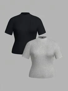 SHEIN EZwear 2pcs/Set Plus Size Women Casual Minimalist Turtleneck, Short Sleeve Top Suitable For Autumn/Winter - Multicolor - View 9