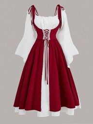 SHEIN MOOSTA Plus Size Casual Color Block 2 In 1 Drawstring A-Line Long Dress Maxi Women Outfit