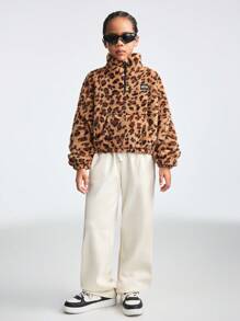 SHEIN Tween Girls Spring/Summer /Basic Knit Thermal Lined Keep Warm Beige Wide Leg Sweatpants - Apricot - View 5