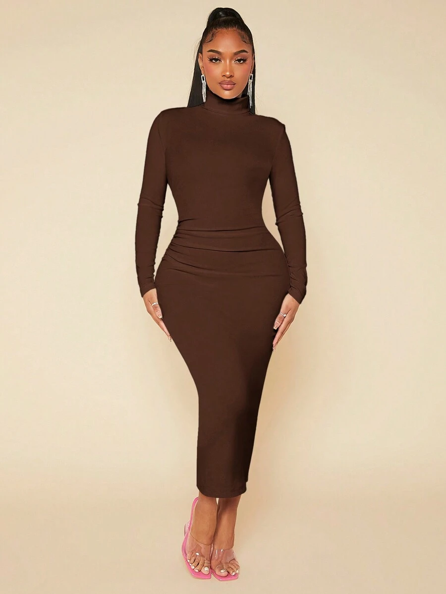 SHEIN SXY High Neck Solid Bodycon Ruched White Dress - Brown - View 1