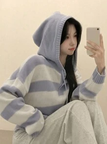 DAZY Áo len chui đầu có mũ trùm đầu họa tiết sọc màu tương phản rộng rãi cho nữ mùa thu - Màu xanh lam - Xem 10